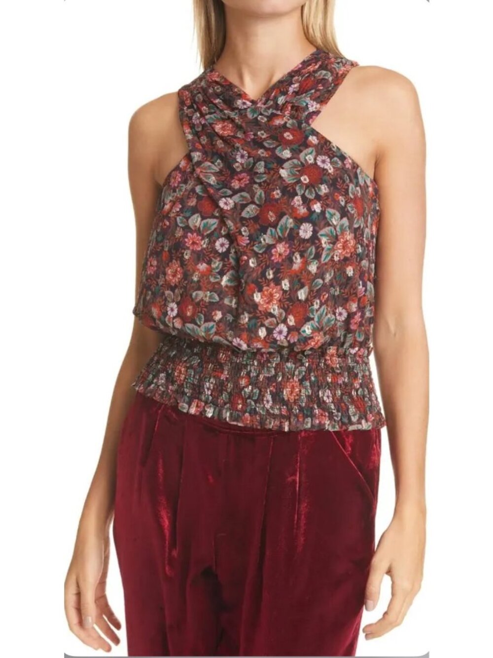 Ramy Brook Chiffon Metallic Floral PrintedLorenza Halter Top Large